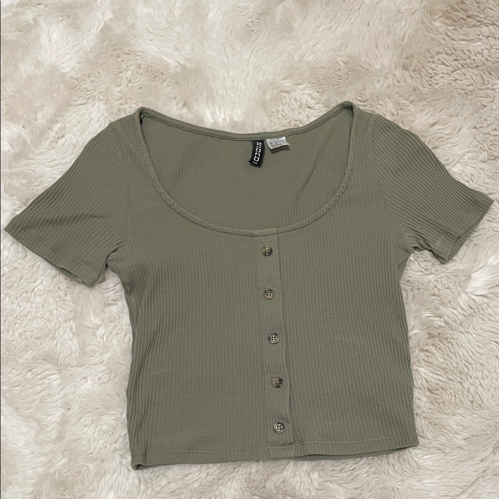 Divided Olive Ribbed Button-Up Crop Top